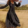 Casual Dresses Autumn Winter Floral Chiffon Long Dress Women V-neck High Waist Slim Vintage Elegant Robe Maxi Big Hem Vestidos Femme