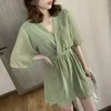 Lato Mini Dress Kobiety Elegancki Koreański Styl Panie Krótki Rękaw Zielony Czarne Kropki Tunika Plaża Sundress Kobieta 210421