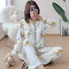 Japansk stil damer 100% bomull kostym leopard tryck långärmad byxor pyjamas kostym vår höst vinter hem service kvinnor 210928