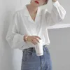 Blouse blanche Femmes Puff Sleeve Chemises à poitrine unique Femme Plus Taille Turndown Blouse élégante Bureau Femmes Vêtements 210412