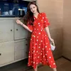 Women's Chiffon Dresses Summer Short Sleeve Cherry Heart Printed Dress Woman High Waist V-Neck Vostidos With Belt 210514