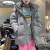 Lagabogy Vinterrock Kvinnor Hooded Black White Plaid Puffer Jacket 90% Duck Down Parkas Tjock Varm Loose Outwear 211013