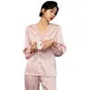 Silkeslen satin pyjamas för kvinnor sexig v nacke spets krage nattkläder kostym härliga damer loungwear vår korea sleepwear pijama mujer q0706