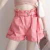 Frauen Denim Shorts Klassische Vintage Hohe Taille Rosa Weiß Breites Bein Weibliche Caual Süße Sommer Damen Jeans Für 210809