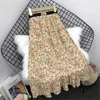 Vrouw chiffon geplooide rok met riem zomer Koreaanse temperament zachte vintage bloemen slanke veelzijdige hoge taille vrouwelijke rok 210619