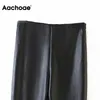 AACHOAE Kadınlar Siyah PU Faux Deri Pantolon Moda Yüksek Bel Kalem Pantolon Kadın Katı Uzun Streç Pantolon Pantalones Mujer 210413