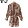 TRAF Women Sexy Fashion With Belt Leopard Print Wrap Playsuits Vintage V Neck Long Sleeve Female Jumpsuits Mujer 210415