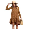 Vrouwen herfst jurk mode polka dot chiffon jurk lange mouw o nek ruche vrouwelijke casual gele jurk retro vestido mujer 210419