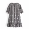 Fashion Plaid Floral Embroidery Short Puff Sleeve Dress Za Cute Bow Female Vintage Casual Summer Female Dressses 210521