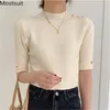 Korean Solid Knitted Pullover Women Half High Collar Sleeve Buttons Tops Fashion Elegant Ladies Sweaters Femme 210513