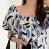 여름 한국 세련된 패션 캐주얼 스퀘어 스퀘어 칼라 인쇄 된 주름진 거품 반팔 블루 드레스 여성 16W1059 210510