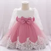 Mädchenkleider Born Langarm Baby Mädchen Spitze Party Hochzeit Große Schleife 1. Geburtstag Prinzessin Taufkleid