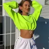 New Autumn Neon Green Sweatshirts Long Sleeve O-neck Crop Top Lady Solid Streetwear Loose Bottom Drawstring Pullovers 211206