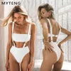 White Buckle Swimsuit Sexy Cintura Alta Biquinis Bandeau Bandeau Swimwear Mulheres Strap Banheira Terno Bodysuit Bathers 210712