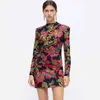 Za Printed Darped Dress Women Vintage Long Sleeve Bodycon Dresses Autumn Sexy Mini Club Party Dresses Birthday Outfit 211029