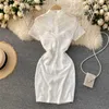 Women Fashion Stand Neck Short Sleeve Package Hip Mini Dress Elegant Korean Vintage Clothes Vestidos R592 210527