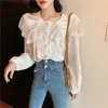 벨벳 여성 빈티지 블라우스 블랙 레이스 패치 워크 패션 셔츠 긴 소매 레이디 세련된 한국 Blusas outwear blouses 210601