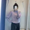Za Winter Metallic Thread Knit Sweater Women Long Sleeve High Collar Vintage Purple Sweaters Woman Streetwear Slim Pullover 210602