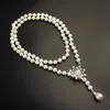 Luxury Simulated White Pearl Long Necklace Snowflake Shape Cubic zirconia Sweater Coat Chain Women Jewelry For Wedding Party