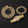 Smyckesset för män, 3-delat set, halsband, klocka och armband, Hip Hop, Miami Edge, Cuban Chain, Gold All Ice Diamond, Cz Flash Q0809