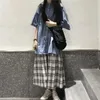 プレッピースタイルの学生スーツ女性SS韓国人ピーターパンカラーシャツ+格子縞のスカートファッションカジュアルツーピースジャパンカワイイセット210526