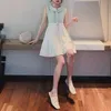 Light Green Tweed Plaid Patchwork Chiffon A-line Dress Peter Pan Collar Sleeveless Tank Button Mini D1435 210514