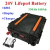 24 V 130AH 160AH LifePo4 Dostosowany pakiet akumulatorów litowych do samochodów energii słonecznej głośnik energii EV AGV Inwerter+10A ładowarka
