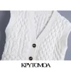 Mulheres moda com botões cortados cabo-knit colete camisola v neck sem mangas feminina cintura chique tops 210420