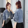 Mode Oregelbundna Denim Höst Kvinnor Långärmad Singelknapp Beading Tassels Kedjor Jean Short Jacket Coats 210416