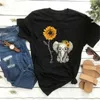 2020 Fil Ayçiçeği Baskı Tshirt Kadınlar Rahat Kısa Kollu O Boyun Tee Kadın Karikatür Sevimli T-Shirt Için Tops Femme Giysiler X0628