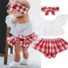 Clothing Sets Born Baby Girl Clothes Off Shoulder Pullover Short Sleeve Tops Bow Plaid Headband Geometry Ruffle Shorts 3pc Outfit