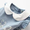 Summer 2-10 Years Old Beautiful Children Kids Pleat Peter Pan Collar Fly Sleeve Party Lace Blue Denim Vest Dress For Girls 210529