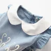 Zomer 2-10 jaar oud Mooie kinderen Kids Plooier Peter Pan Collar Fly Sleeve Party Lace Blue Denim Vest Jurk voor Meisjes 210529