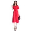 Robe d'été femmes rouge noir M-5XL grande taille mode coréenne tempérament ceinture poches chemise en mousseline de soie feminina LR833 210531