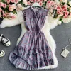 Elegant strand O-hals ruches bloemen chiffon mini jurk womens zomer sexy retro slanke hoge taille print A-lijn vestido 210420