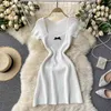 White Knit Dress Women Summer Square Collar Short Sleeve Mini Sweet Girls Bow Decoration Slim A-line Party es 210603