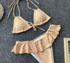 Sexig triangel bikini topp thong baddräkt med kjol hög klippa badkläder kvinnor vertikal stripe tie front swim bad kostym 210712