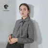 FANSILANEN Camicia a maniche lunghe Donna Papillon scozzese nero Retro Top da ufficio per la moda coreana 210607