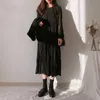 Katı Siyah O Boyun Uzun Kollu Pileli Şifon Elbise Kadınlar Uzun Kore Chic Retro Ince Vahşi Vestido Feminino Ince Bahar 210610
