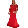 2022 Elegancka Czerwona Matka Panny Młodej Suknie Długie Rękawy Illusion Neck Aplikacje Koronki Zroszony Błyszczący Plus Rozmiar Mermaid Ślubny Gość Dress Prom Evening Wear
