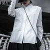 [EAM] Kobiety Biały Plised Big Size Bluzka Stojak Kołnierz Z Długim Rękawem Luźne Fit Koszula Moda Wiosna Jesień 1DD6207 21512