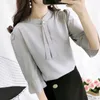 Yaz Şifon Gömlek Beyaz Bluz Ofis Lady Kadınlar Tops Katı Boncuklu Yarım Flare Kollu OL Stil Gevşek O-Boyun Blusas 10167 210417