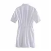 Femmes baissez la robe de chemise blanche à cols avec poches de bureau à manches courtes mini dos à la taille élastique plissée ES 210515