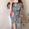 South Korea Ins Summer Elegant Waist Slimming V-neck Strap Long Short Sleeve Chiffon Print Dress Female 210522