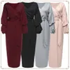 Roupas Islâmicas Étnicas Dubai Muslim Abaya Dress Mulheres Manga Puff Lace-Up Slim Robes Islã Tornozelo-comprimento Traje Vestido de Hijab