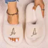Furry Slippers Fur Slides For Women Fashion Rhinestone Letter Fluffy Flip Flops Ladies Winter Slippers Platform Sandals Shoes Y1206