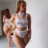 Sexig Beachwear 2 Piece Set Kvinnor Outfits Sommar Ärmlös Bandage Hollow Out Crop Top och Shorts Passar Bikini Matching Sets Y0702