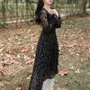 Black Plaid Square Collar Dress Woman Full-sleeve Casual Flocking Asymmetric Female Vintage Style Vestido 210603