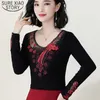 Automne Hiver Manches Longues Femmes Blouses Broderie Noir Col Bas Floral Dames Tops Creux Casual Femmes Tops 6739 50 210527