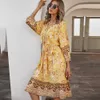 Elegant Bohemia Women Dress Spring Autumn Floral Print V Neck Three Quarter Sleeve Lace Up Sashes Casual Holiday Sundress Female 210526